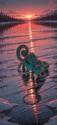 Agentic Red Sunset Sea Winter Animal mobile wallpaper / スマホ壁紙