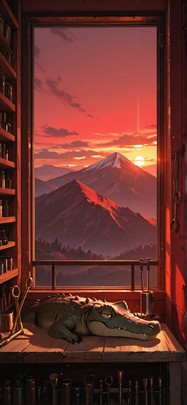 Alchemy Red Sunset Mountain Spring Animal mobile wallpaper / スマホ壁紙