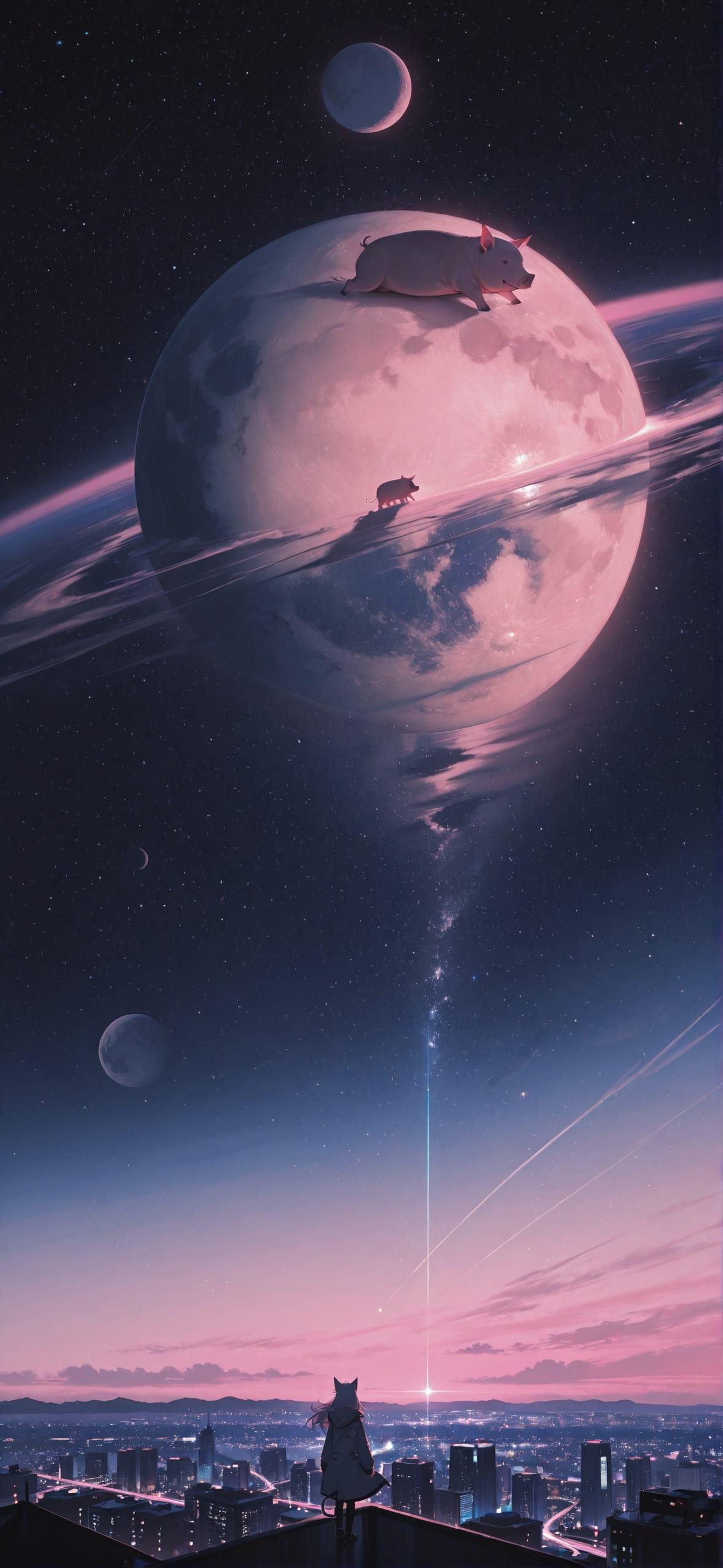 Artemis Pink Night City Winter Animal mobile wallpaper / スマホ壁紙