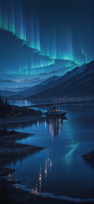 Aurora Blue Night Sea Winter Machine mobile wallpaper / スマホ壁紙