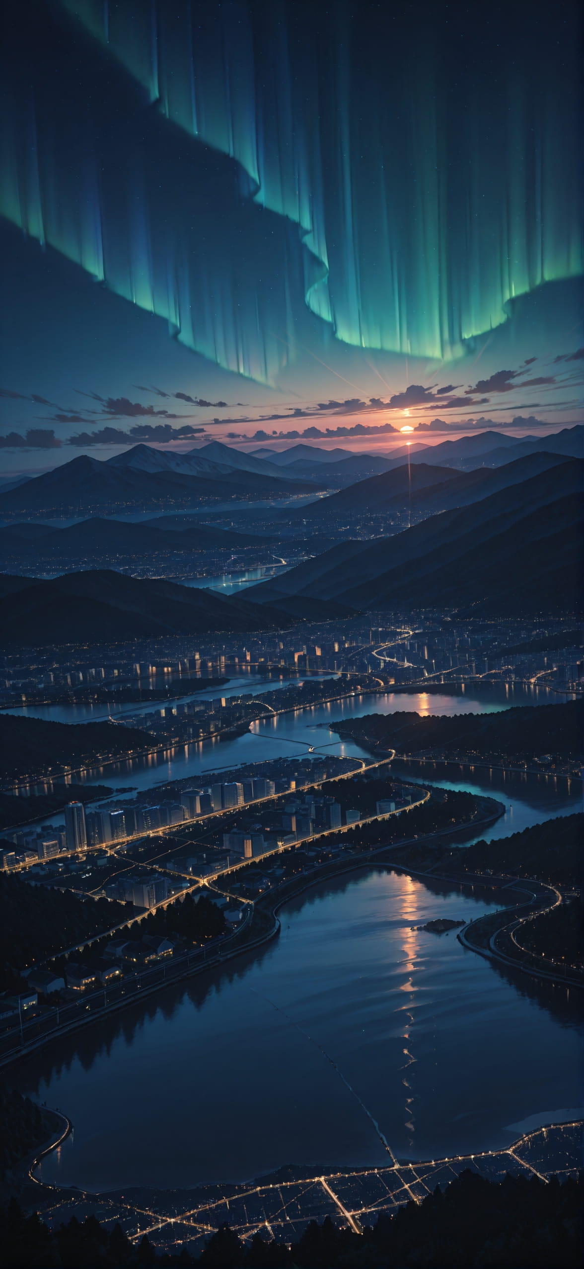 Aurora Green Sunset City Winter mobile wallpaper / スマホ壁紙