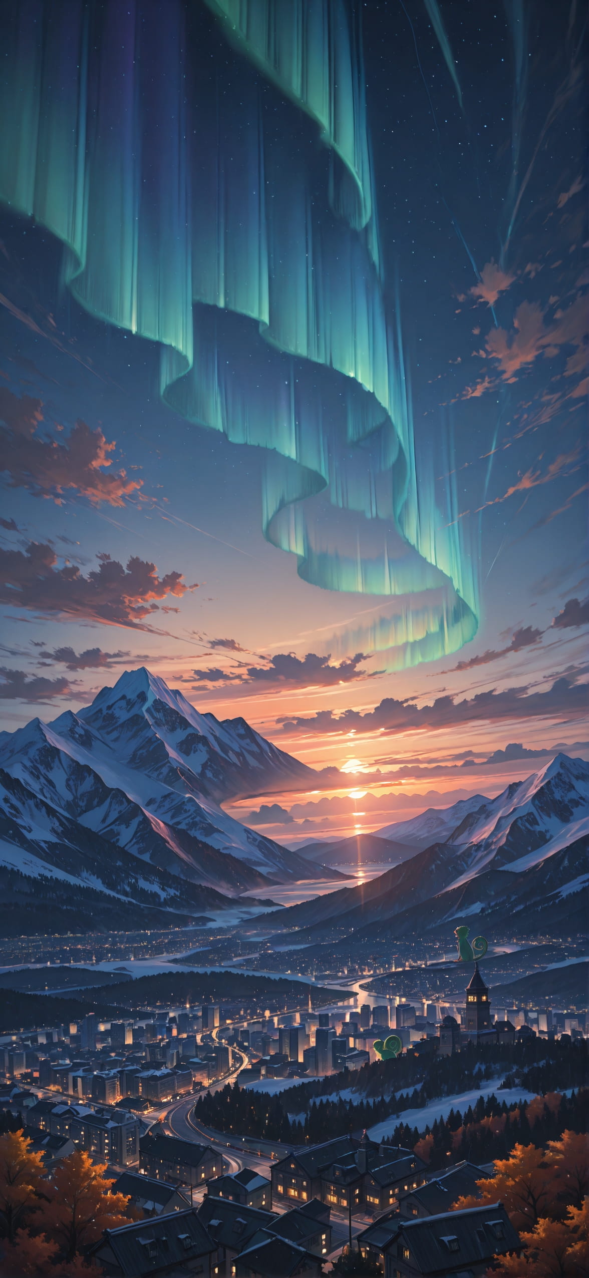 Aurora Orange Sunset City Autumn Animal mobile wallpaper / スマホ壁紙