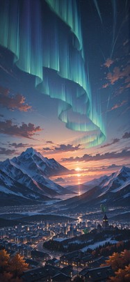 Aurora Orange Sunset City Autumn Animal mobile wallpaper / スマホ壁紙