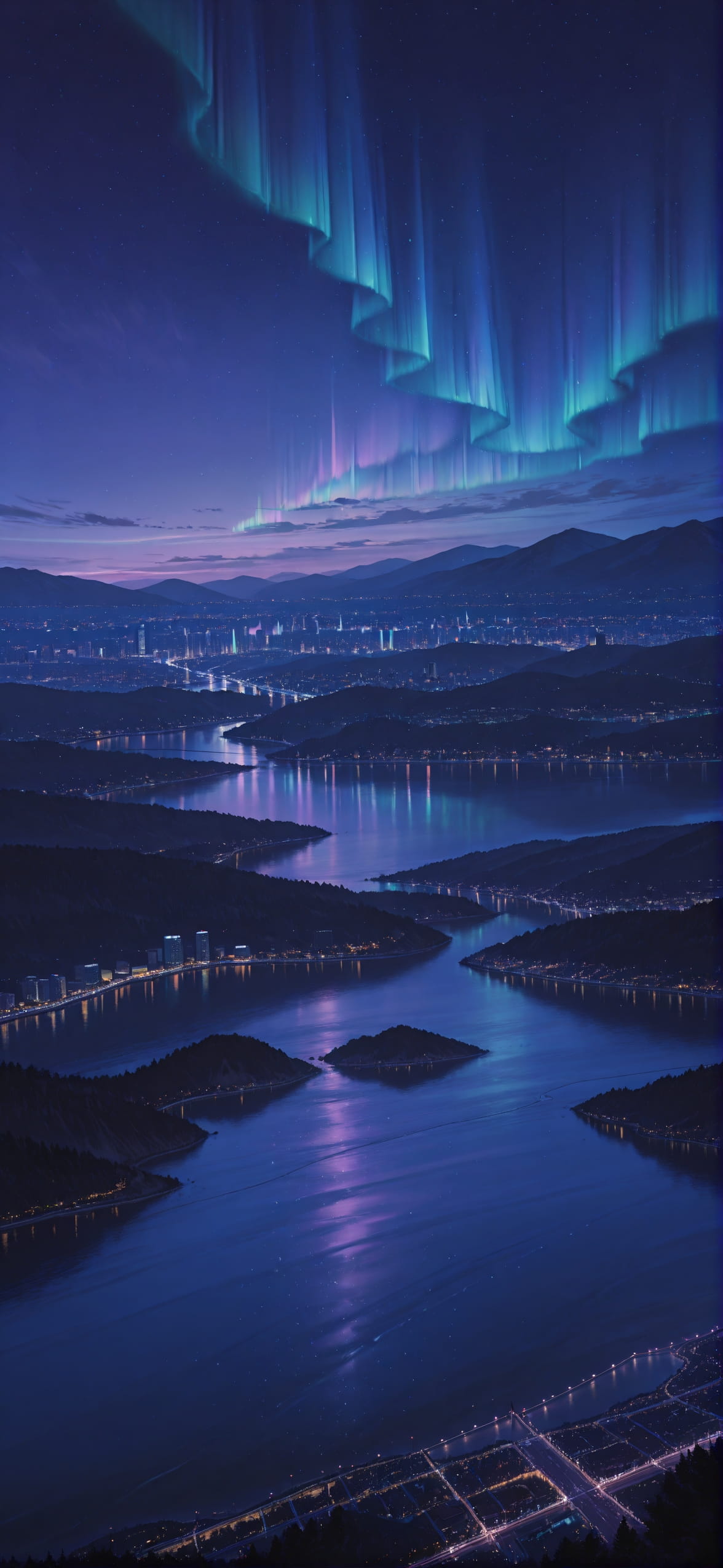 Aurora Purple Afternoon City Winter mobile wallpaper / スマホ壁紙