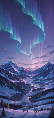 Aurora Purple Afternoon Mountain Autumn Animal mobile wallpaper / スマホ壁紙
