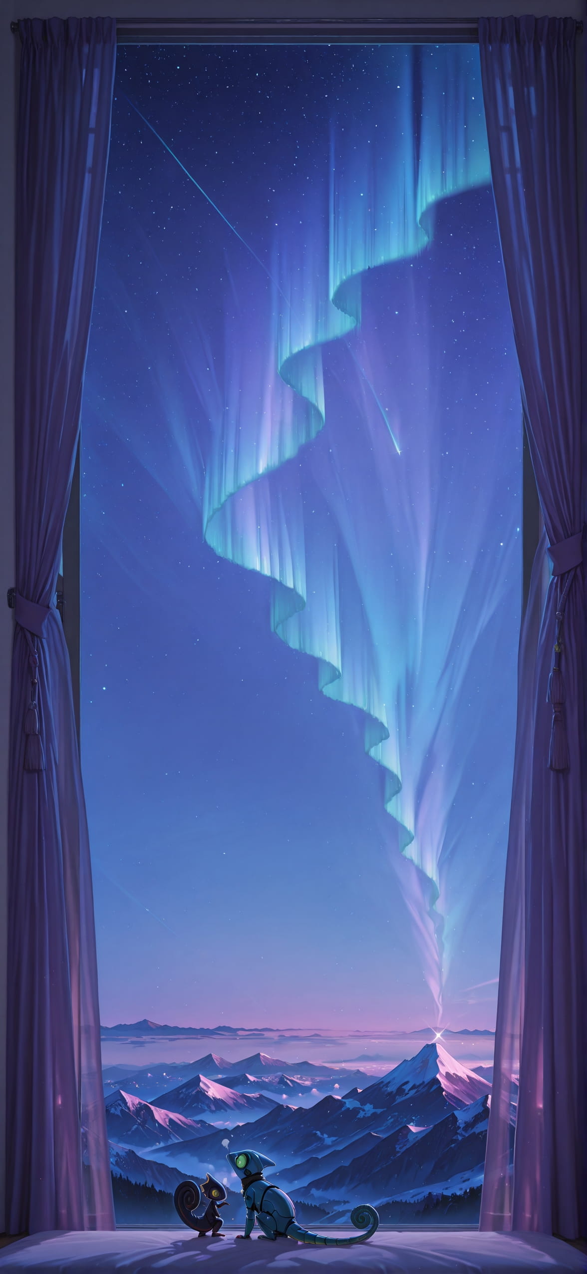 Aurora Purple Night Mountain Winter Animal Machine mobile wallpaper / スマホ壁紙