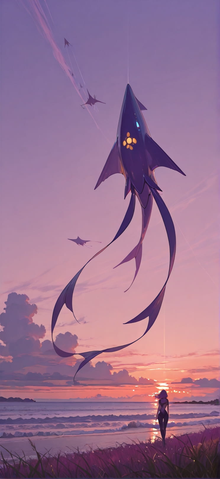 Breeze Purple Sunset Sea Summer Animal Machine mobile wallpaper / スマホ壁紙