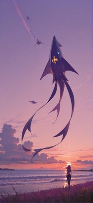 Breeze Purple Sunset Sea Summer Animal Machine mobile wallpaper / スマホ壁紙