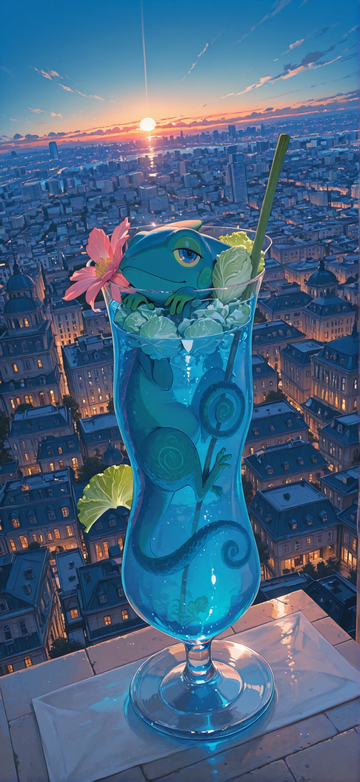 Cabbagecrush Blue Sunset City Spring Animal mobile wallpaper / スマホ壁紙