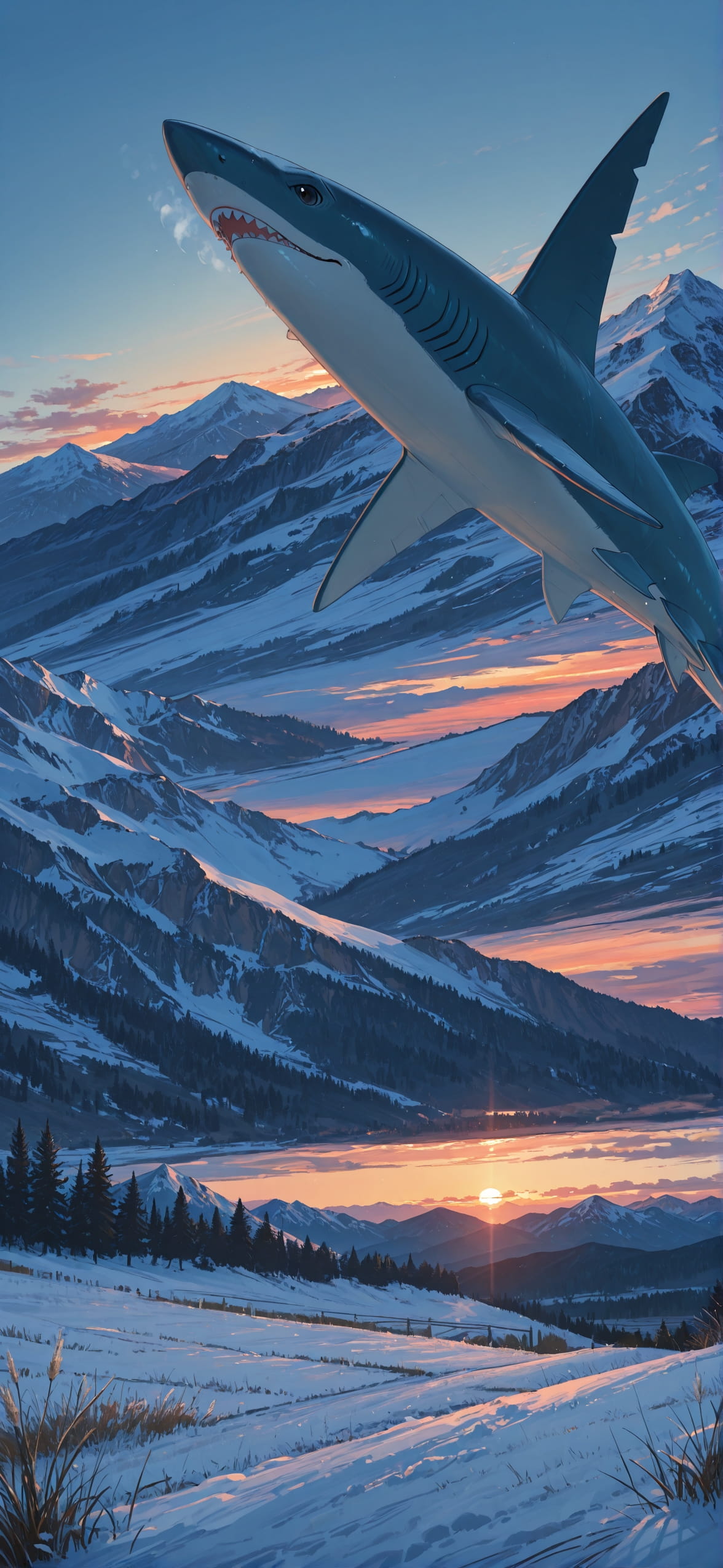 Cabbagecrush Blue Sunset Mountain Winter Animal mobile wallpaper / スマホ壁紙