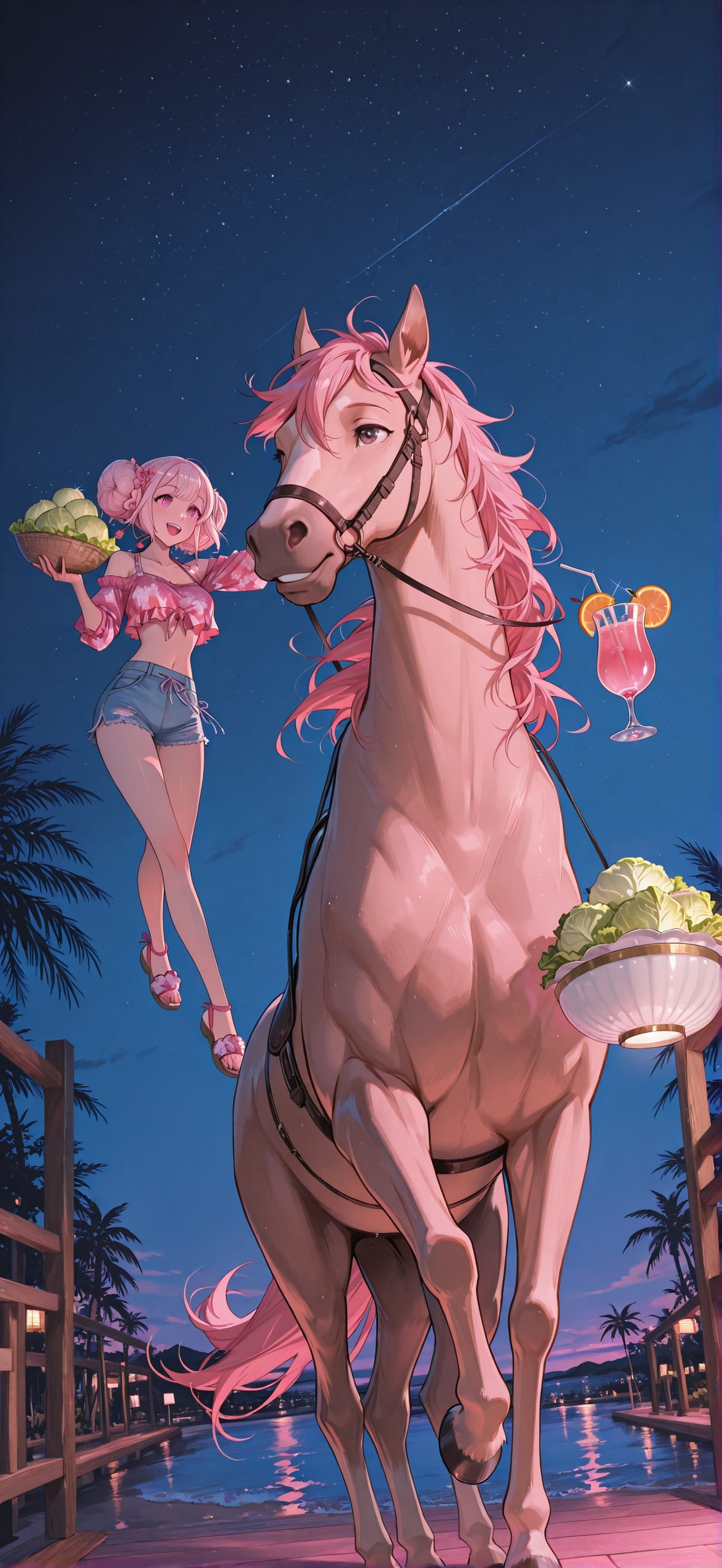 Cabbagecrush Pink Night Sky Summer Animal mobile wallpaper / スマホ壁紙
