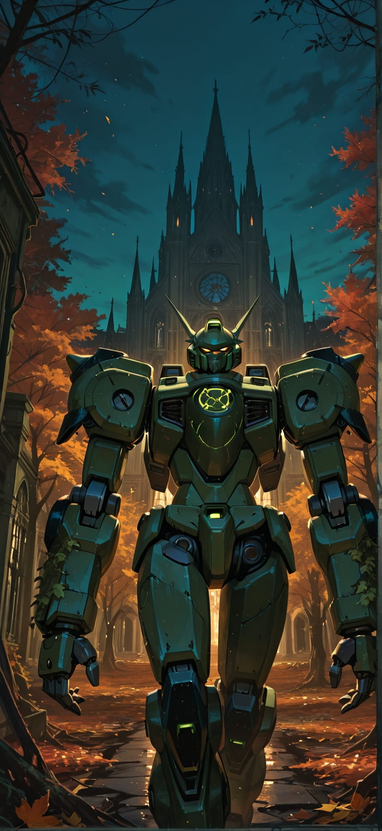 Cathedral Green Night Sky Autumn Machine mobile wallpaper / スマホ壁紙