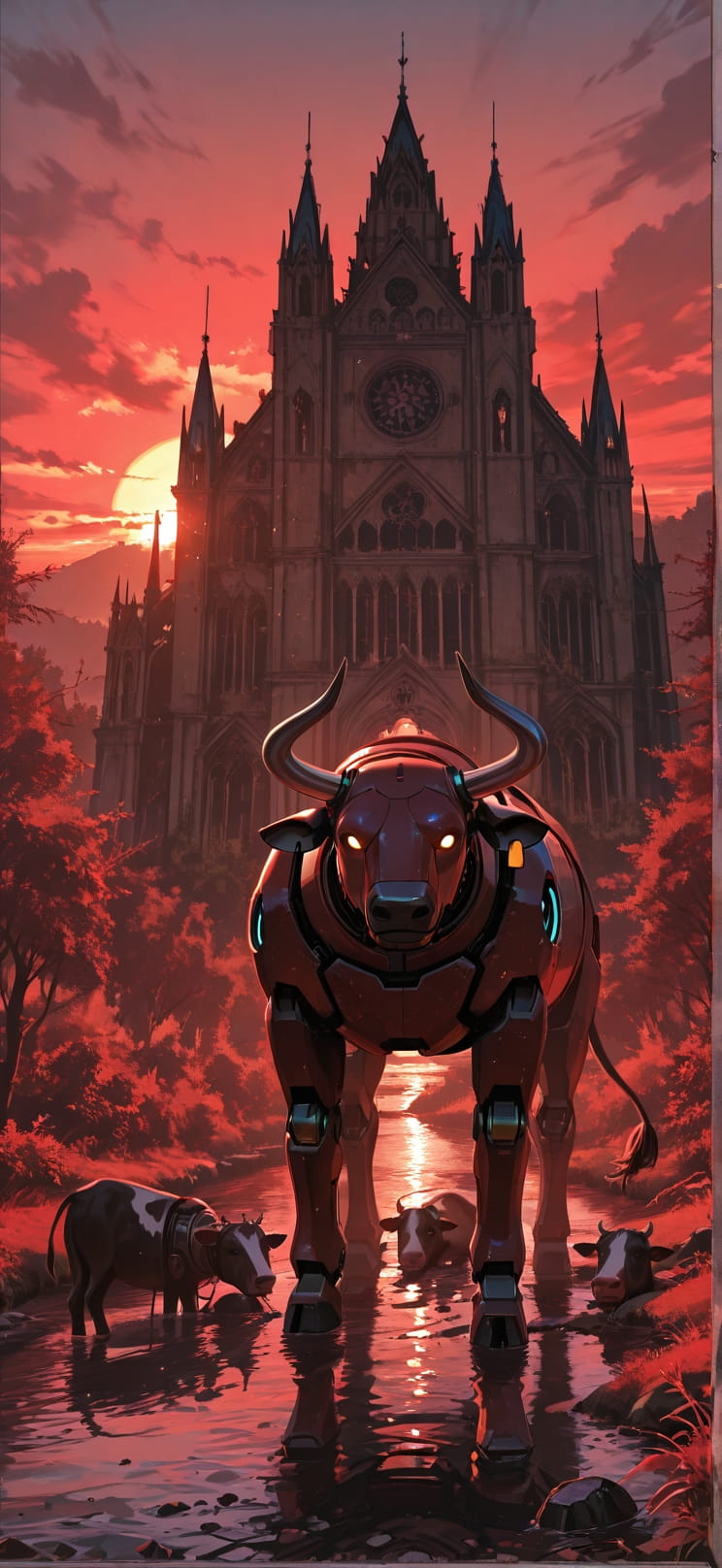 Cathedral Red Sunset Sea Summer Animal Machine mobile wallpaper / スマホ壁紙