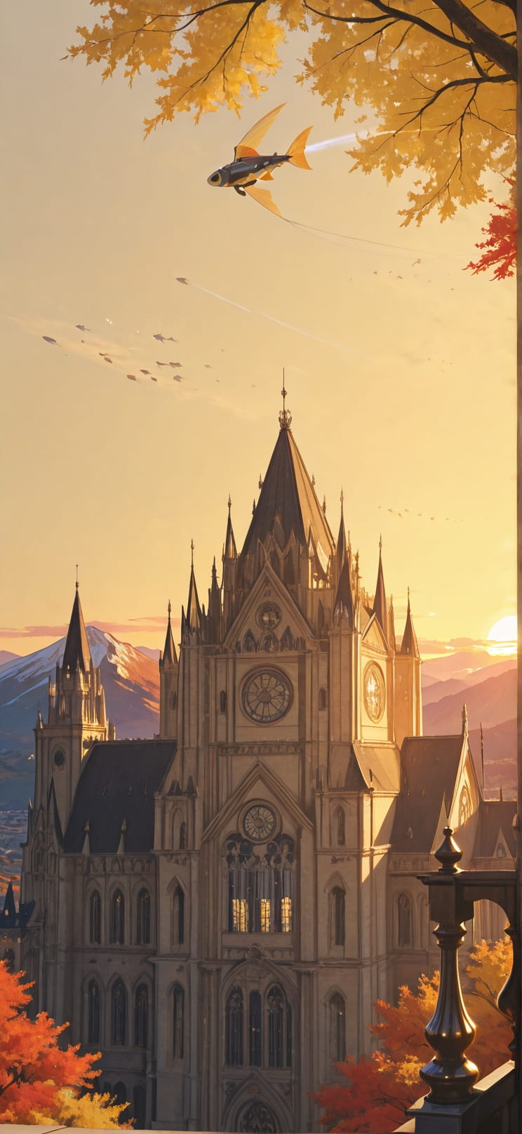 Cathedral Yellow Sunset Mountain Autumn Animal Machine mobile wallpaper / スマホ壁紙