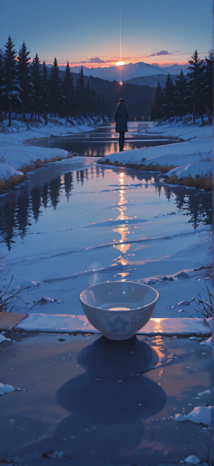 Ceramic Blue Sunset Sea Winter Animal mobile wallpaper / スマホ壁紙