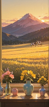 Ceramic Yellow Sunset Mountain Spring Animal mobile wallpaper / スマホ壁紙