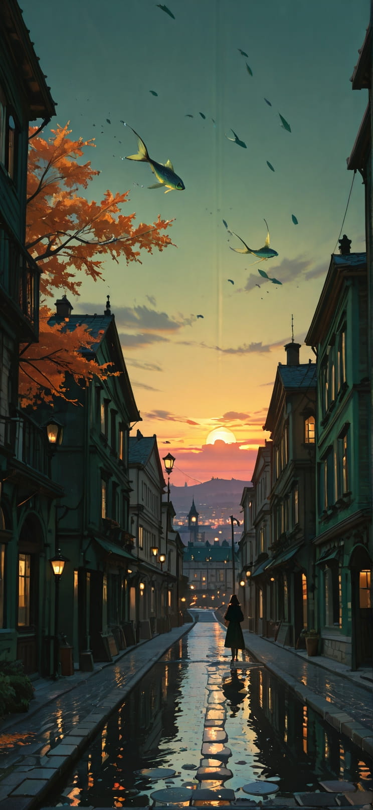Chiaroscuro Green Sunset City Autumn Animal Machine mobile wallpaper / スマホ壁紙