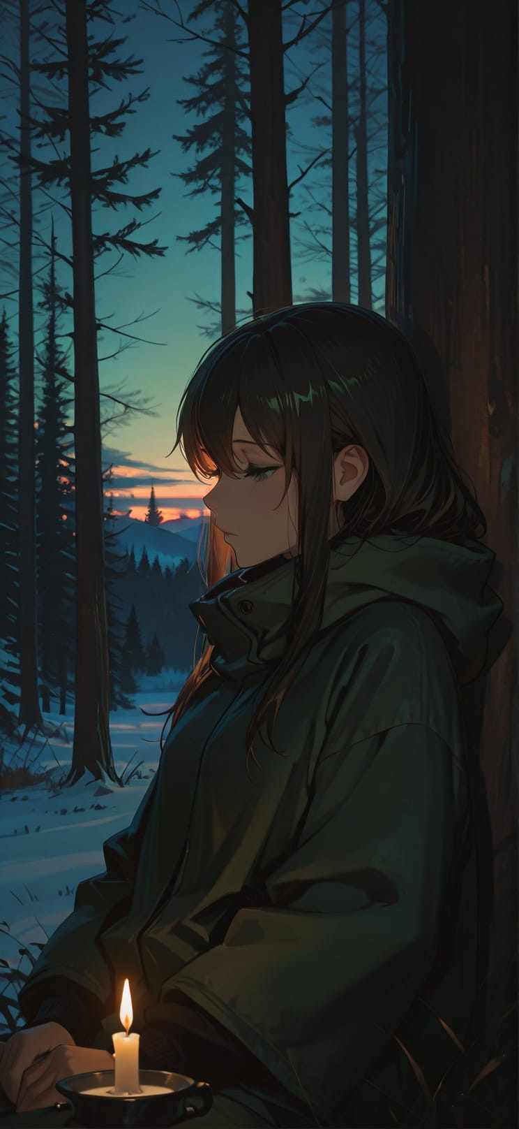 Chiaroscuro Green Sunset Nature Winter Machine mobile wallpaper / スマホ壁紙