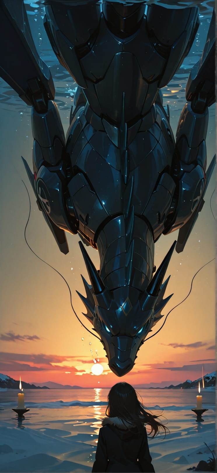 Chiaroscuro Yellow Sunset Sea Winter Animal Machine mobile wallpaper / スマホ壁紙