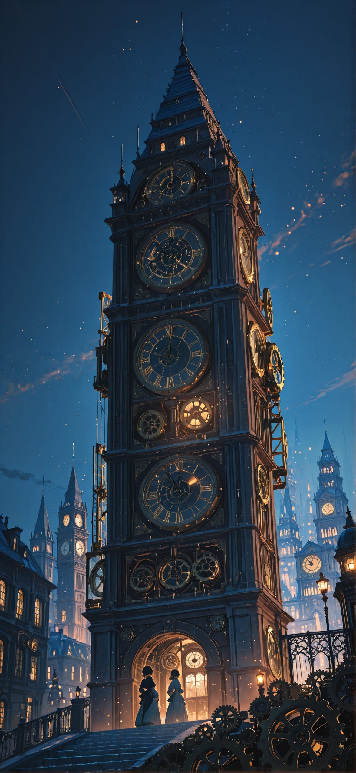 Clockwork Blue Night City Spring Machine mobile wallpaper / スマホ壁紙