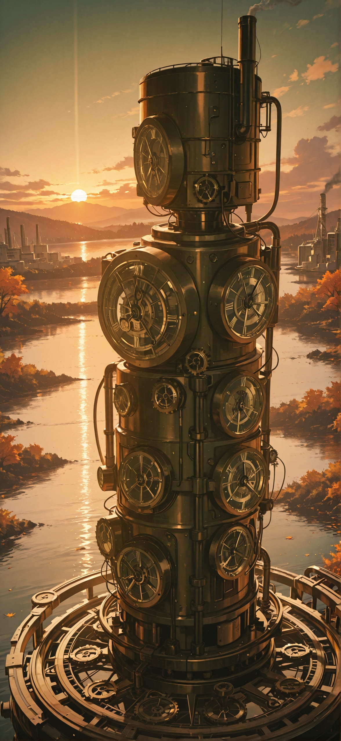 Clockwork Green Sunset Sea Autumn mobile wallpaper / スマホ壁紙