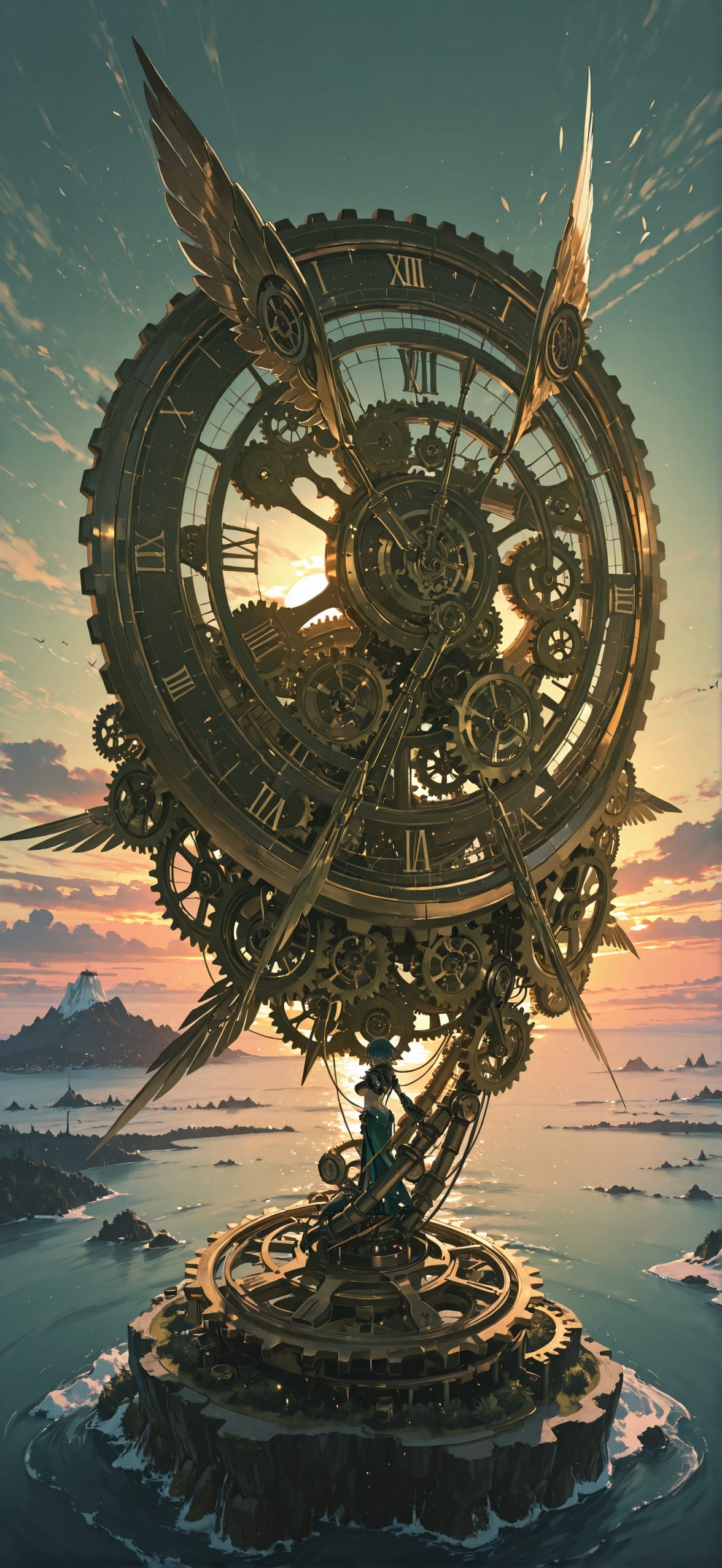 Clockwork Green Sunset Sea Winter Machine mobile wallpaper / スマホ壁紙
