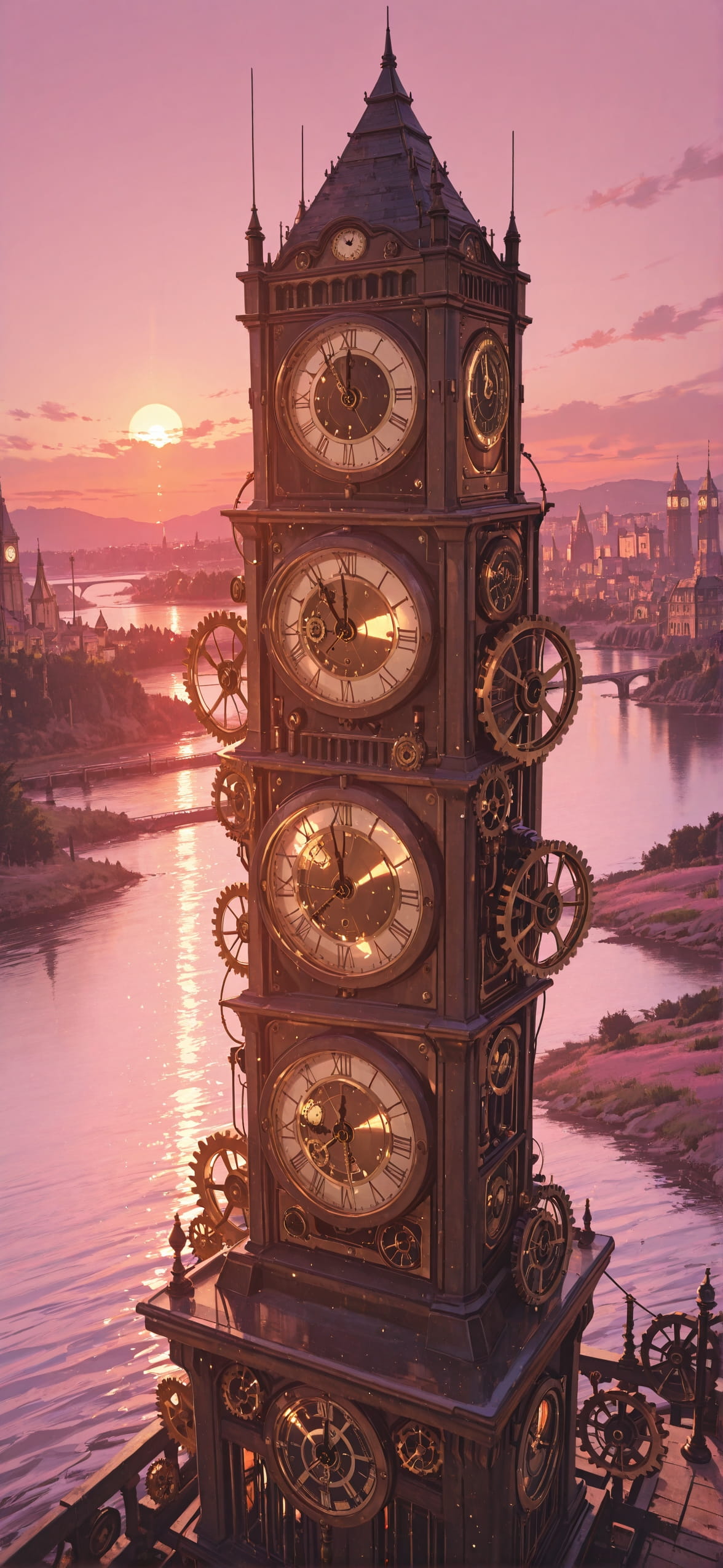 Clockwork Pink Sunset Sea Summer mobile wallpaper / スマホ壁紙