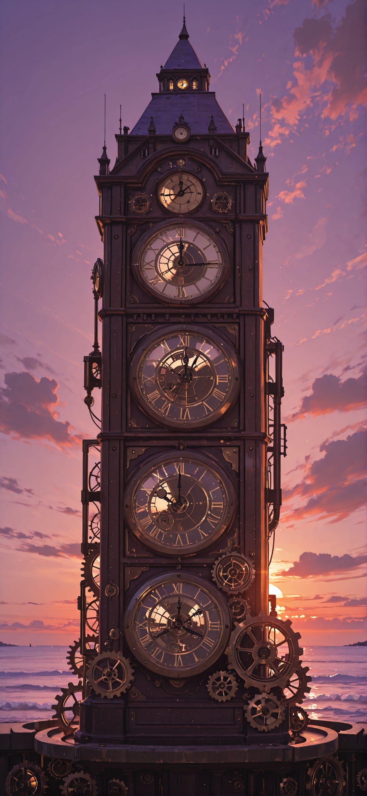 Clockwork Purple Sunset Sea Spring mobile wallpaper / スマホ壁紙