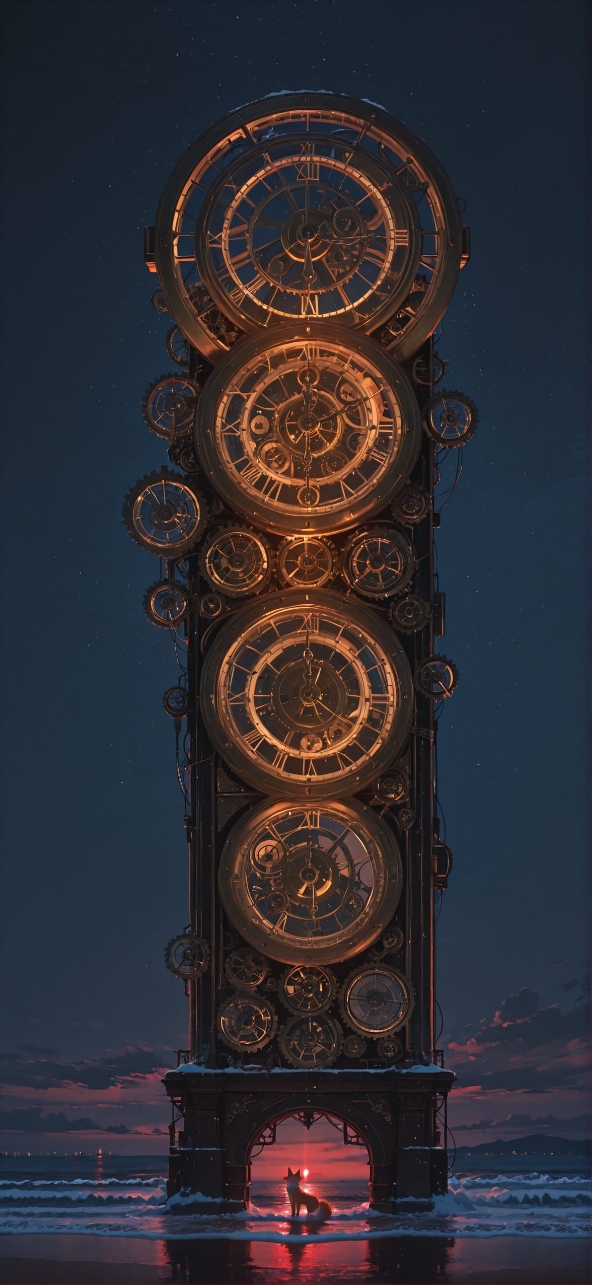 Clockwork Red Night Sea Winter Animal mobile wallpaper / スマホ壁紙