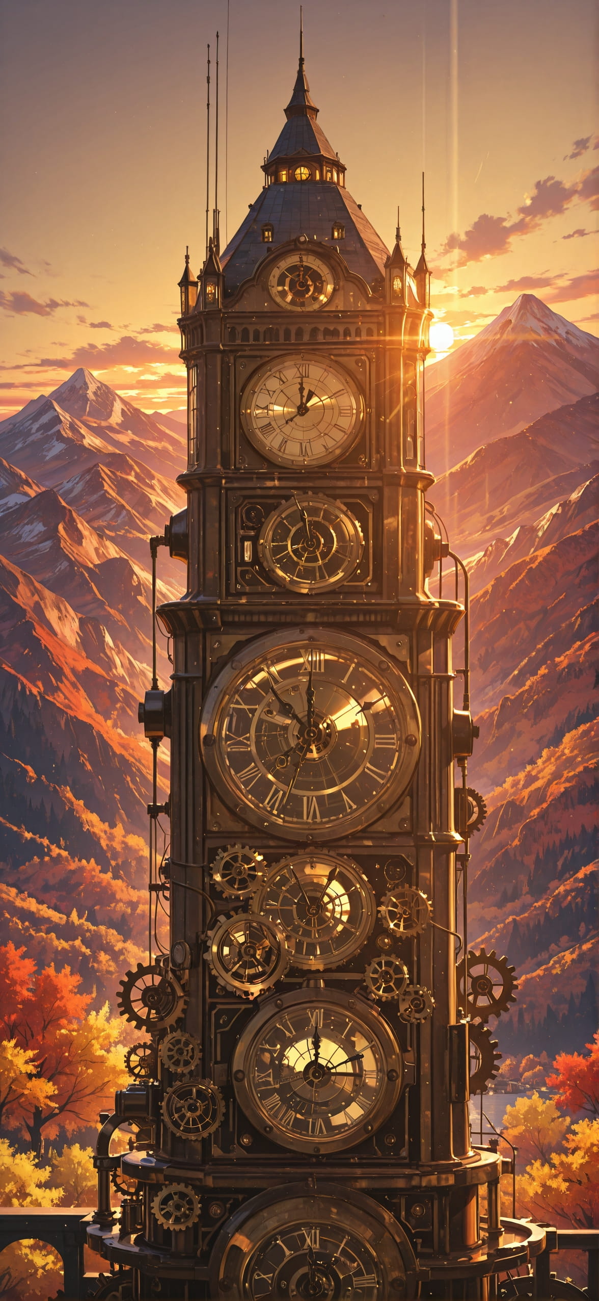 Clockwork Yellow Sunset Mountain Autumn Animal mobile wallpaper / スマホ壁紙
