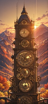 Clockwork Yellow Sunset Mountain Autumn Animal mobile wallpaper / スマホ壁紙