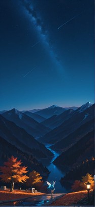 Cobalt Blue Night Mountain Autumn Animal Machine mobile wallpaper / スマホ壁紙