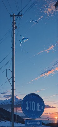 Cobalt Blue Sunset Sea Winter Animal mobile wallpaper / スマホ壁紙