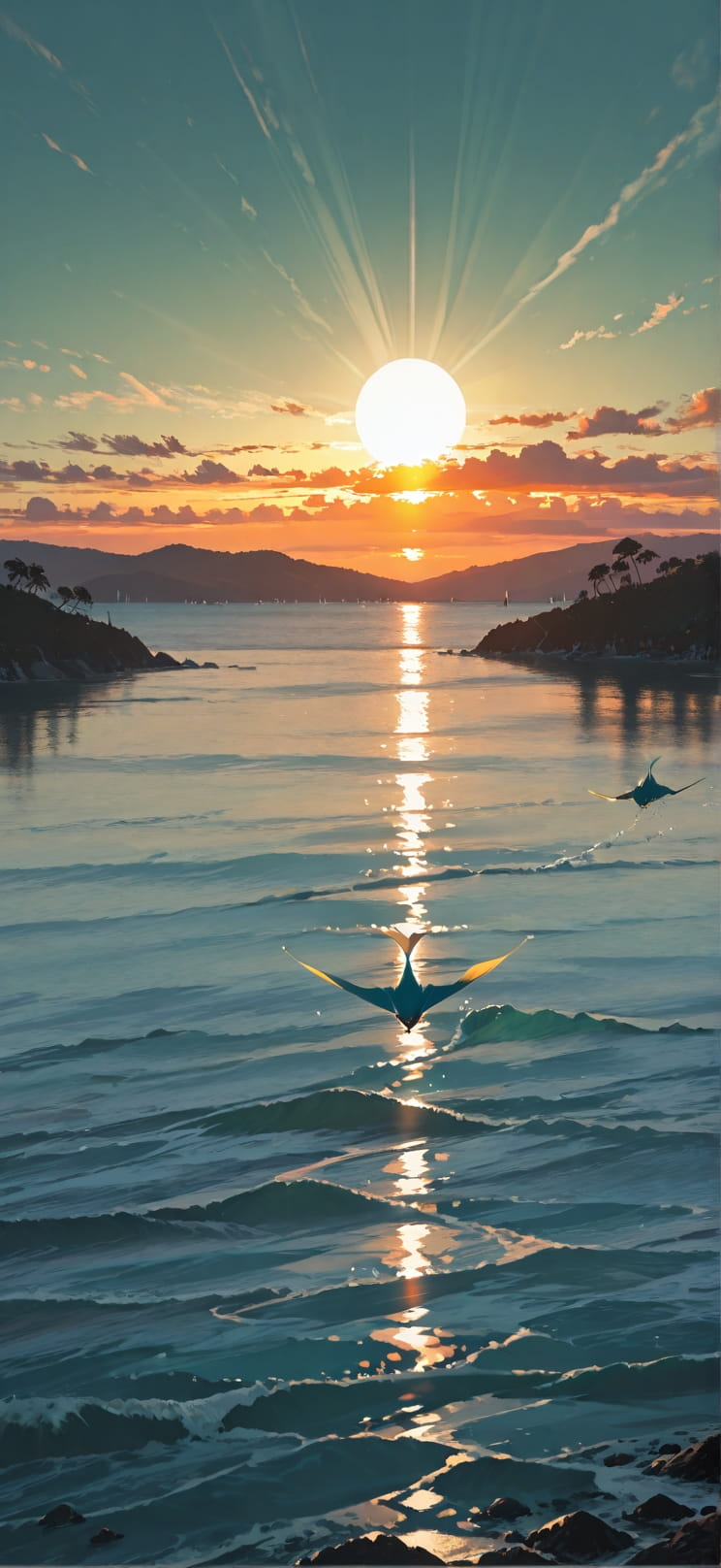 Cobalt Green Sunset Sea Autumn Animal mobile wallpaper / スマホ壁紙