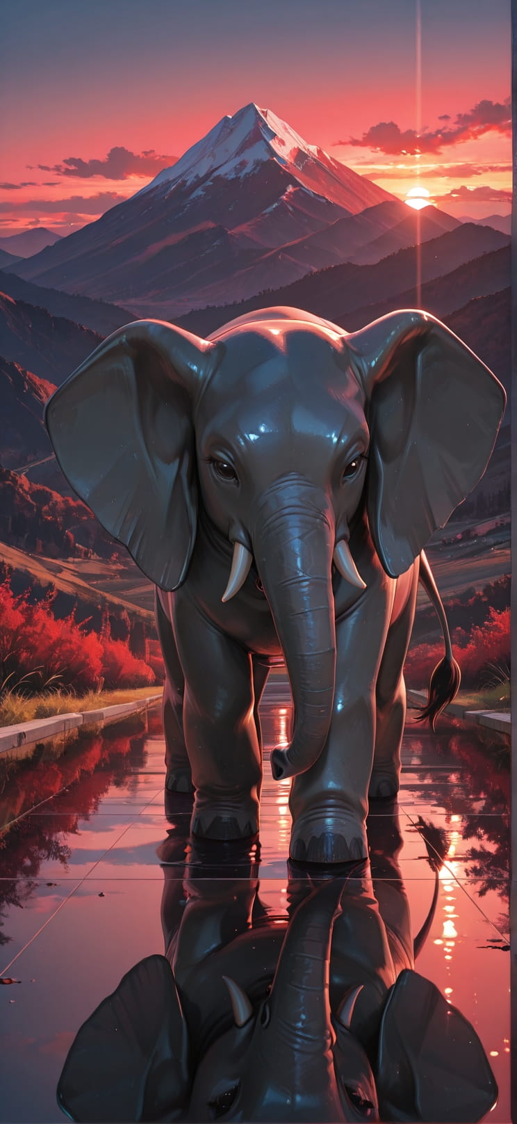 Cobalt Red Sunset Mountain Spring Animal Machine mobile wallpaper / スマホ壁紙