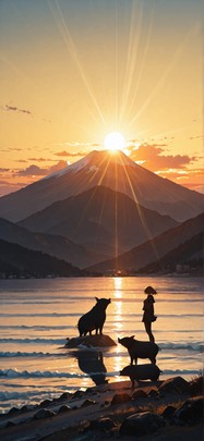 Cobalt Yellow Sunset Mountain Spring Animal mobile wallpaper / スマホ壁紙