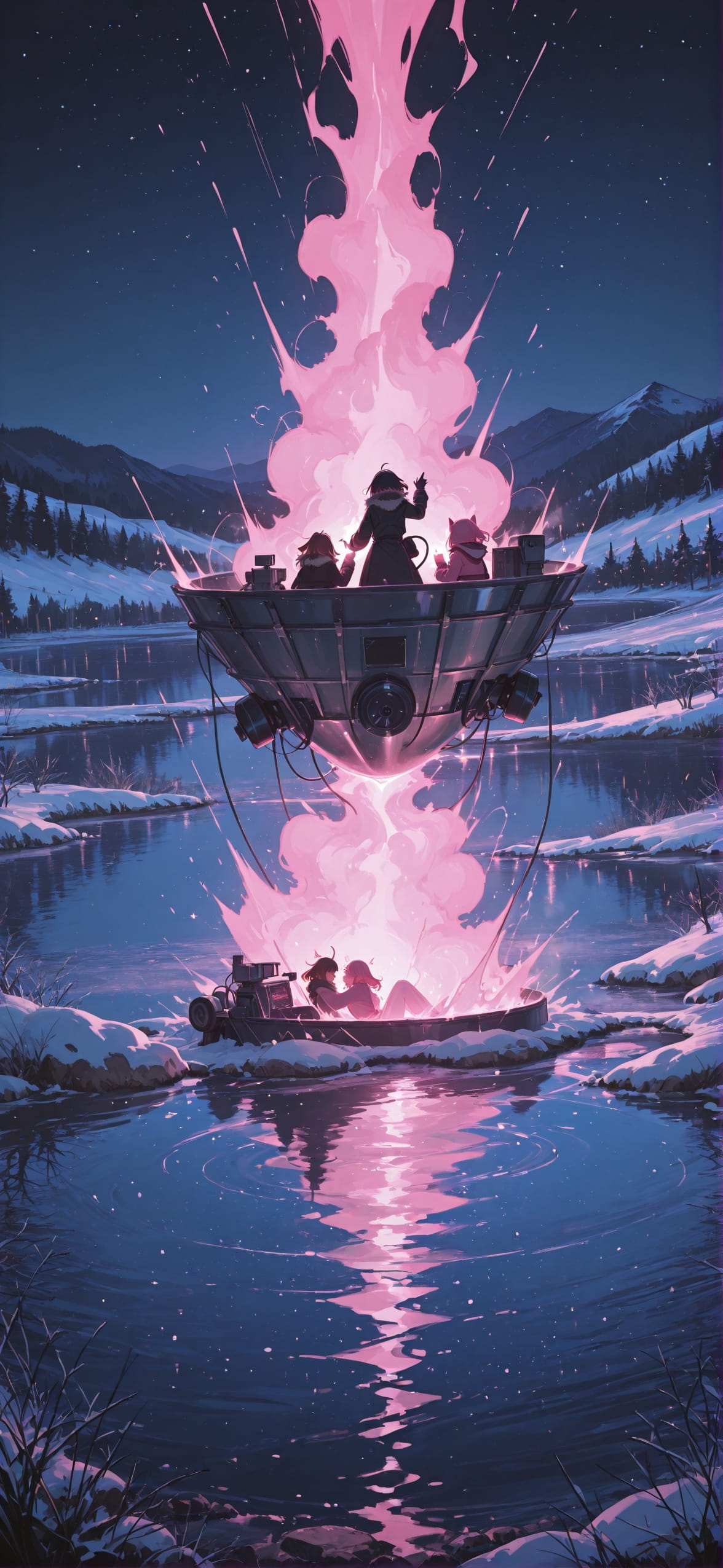 Connectioneering Pink Night Sea Winter Machine mobile wallpaper / スマホ壁紙