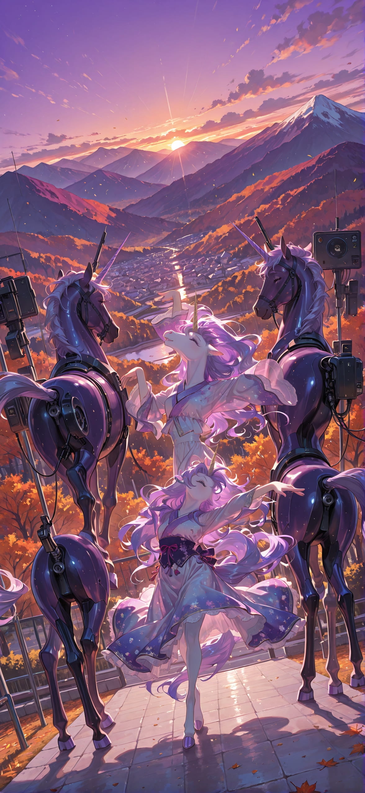Democracyday Purple Sunset Mountain Autumn Animal Machine mobile wallpaper / スマホ壁紙