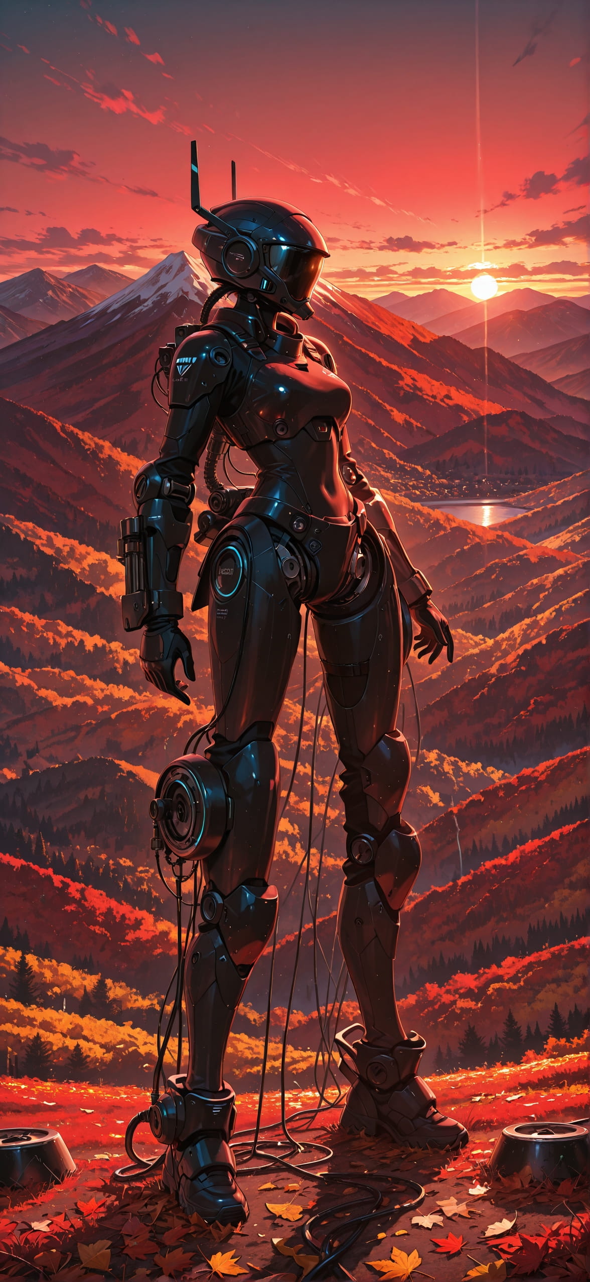 Democracyday Red Sunset Mountain Autumn Machine mobile wallpaper / スマホ壁紙