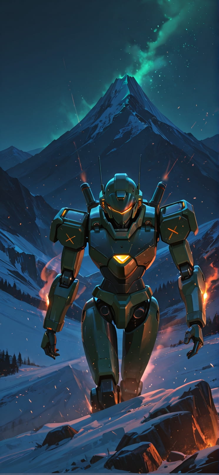 Ember Green Night Mountain Winter Machine mobile wallpaper / スマホ壁紙