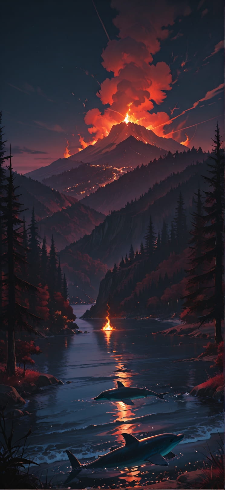 Ember Red Night Sea Spring Animal mobile wallpaper / スマホ壁紙