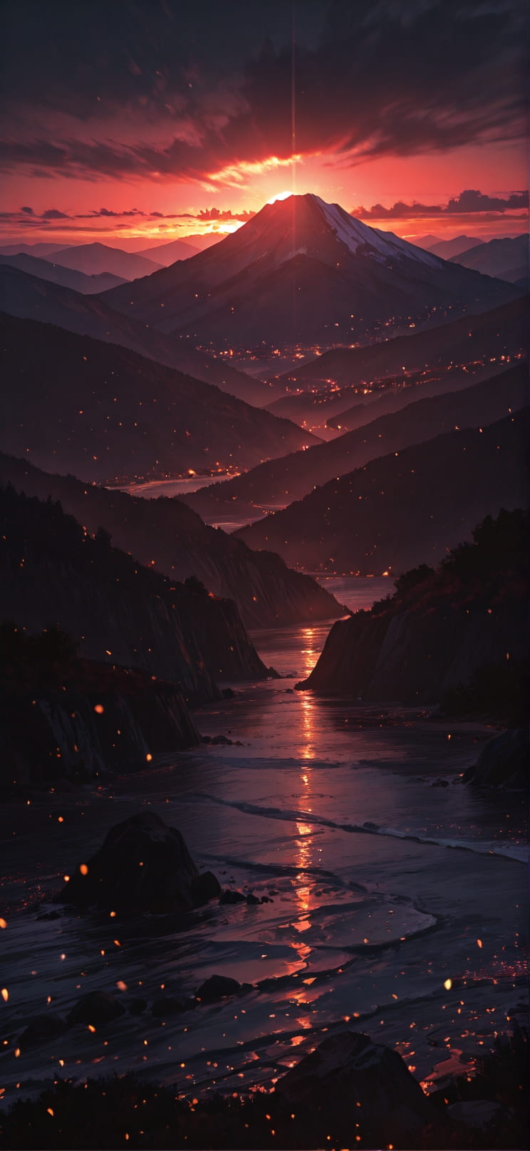 Ember Red Sunset Mountain Summer mobile wallpaper / スマホ壁紙