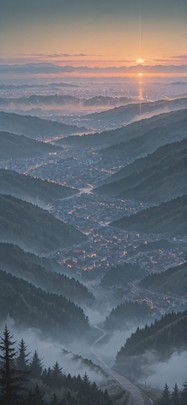 Fog Orange Sunset City Winter mobile wallpaper / スマホ壁紙