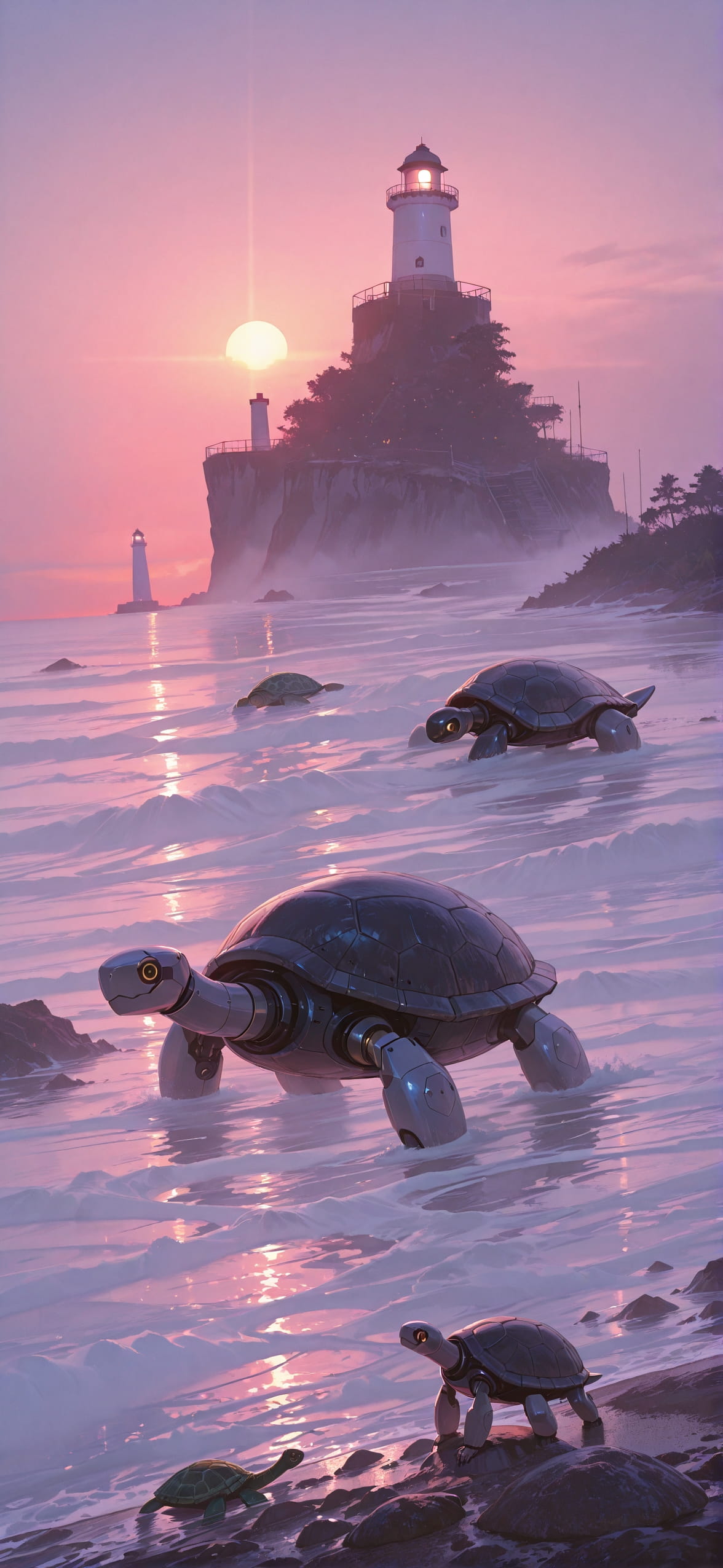 Fog Pink Sunset Nature Summer Animal Machine mobile wallpaper / スマホ壁紙