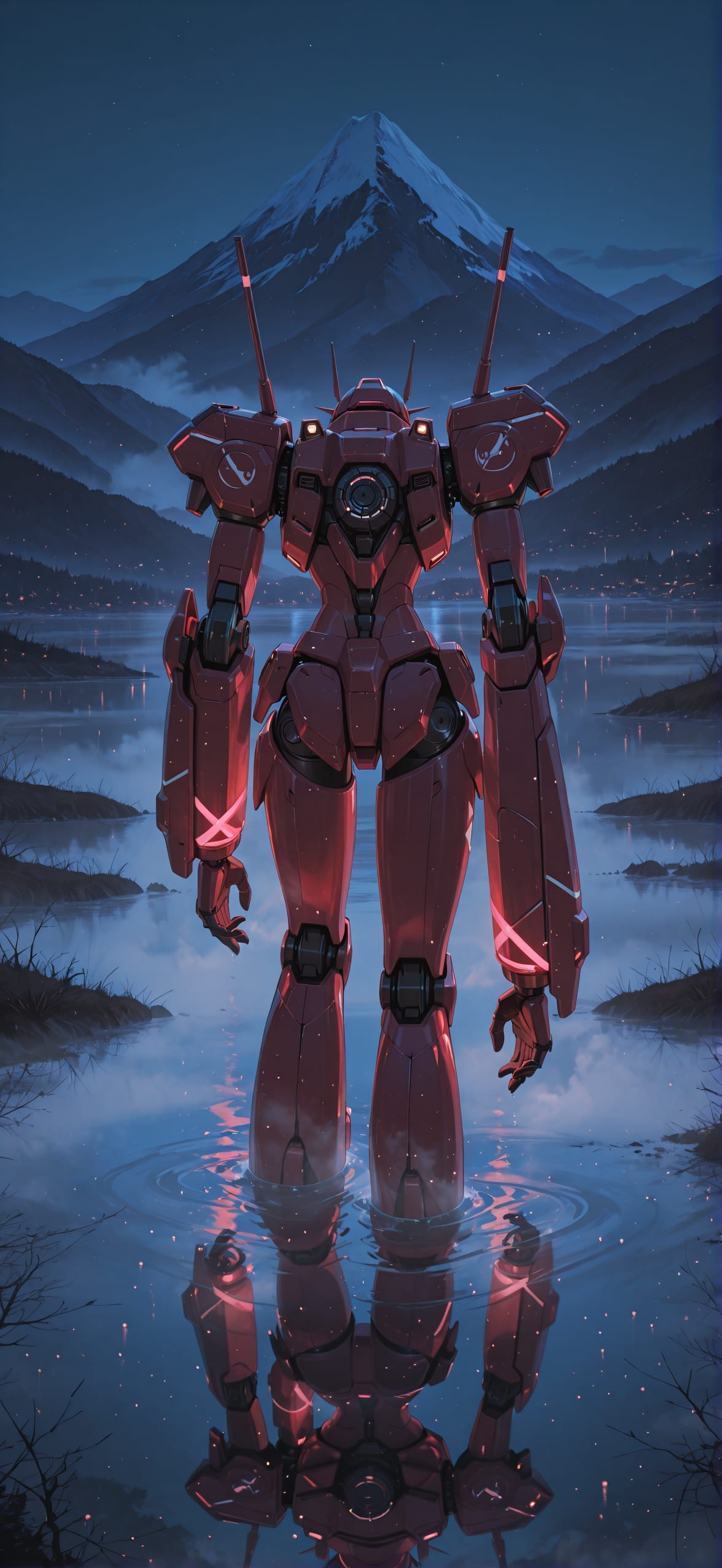 Fog Red Night Sky Winter Machine mobile wallpaper / スマホ壁紙