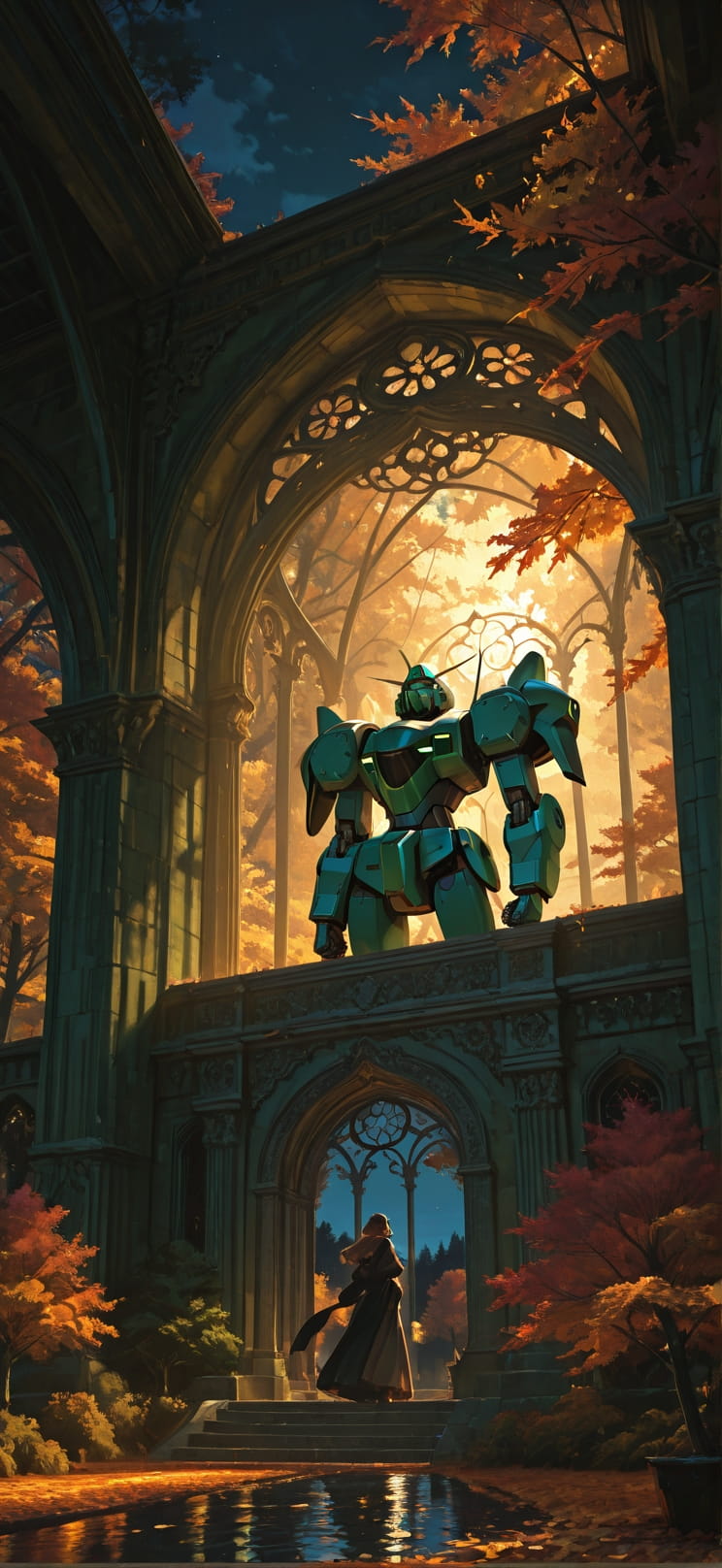 Fresco Green Night Nature Autumn Machine mobile wallpaper / スマホ壁紙