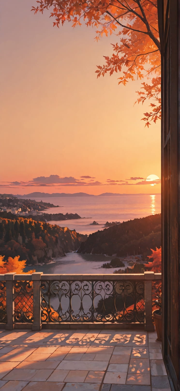 Fresco Orange Sunset Sea Autumn mobile wallpaper / スマホ壁紙