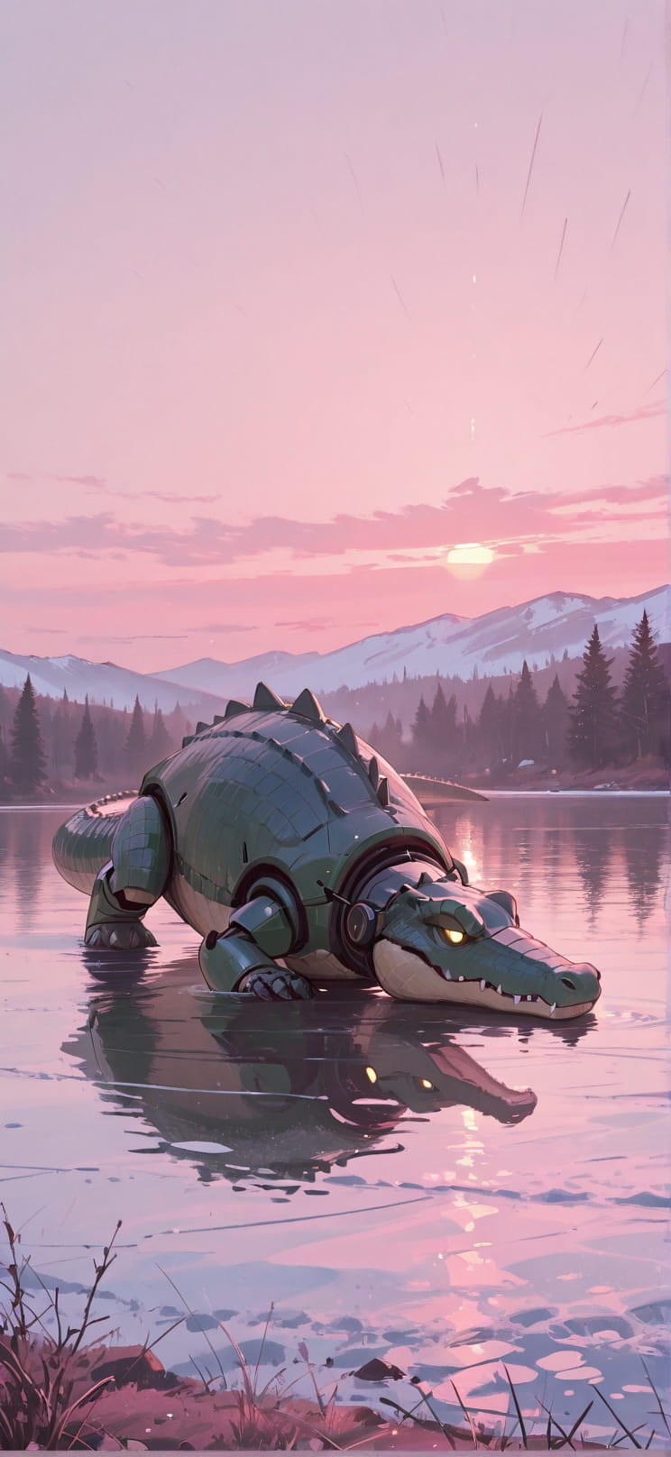 Fresco Pink Afternoon Sea Winter Animal Machine mobile wallpaper / スマホ壁紙