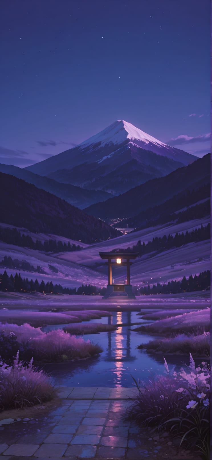 Fresco Purple Night Mountain Spring mobile wallpaper / スマホ壁紙