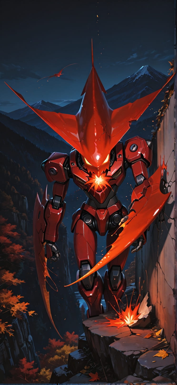 Fresco Red Night Mountain Autumn Animal Machine mobile wallpaper / スマホ壁紙